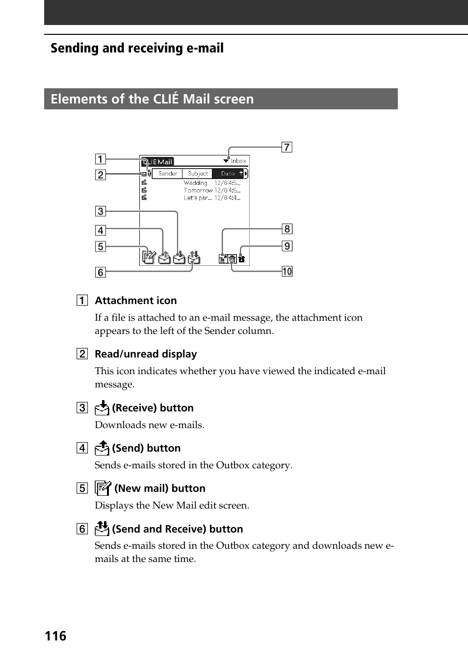 Elements of the clié mail screen | Sony PEG-T665C User Manual | Page 116 / 208