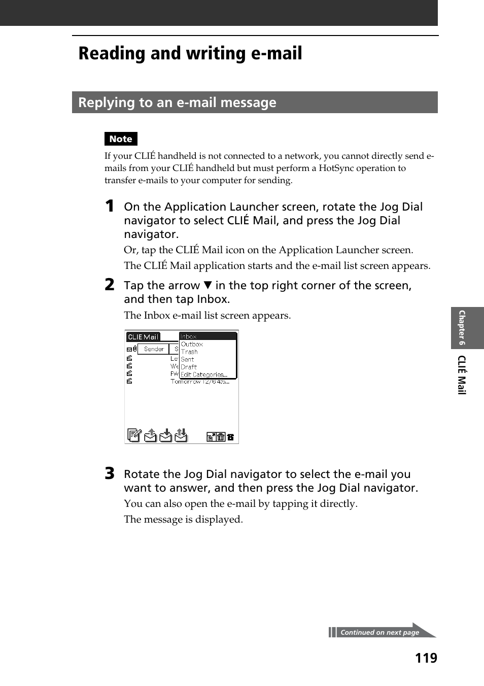 Reading and writing e-mail, Replying to an e-mail message | Sony PEG-T665C User Manual | Page 119 / 208