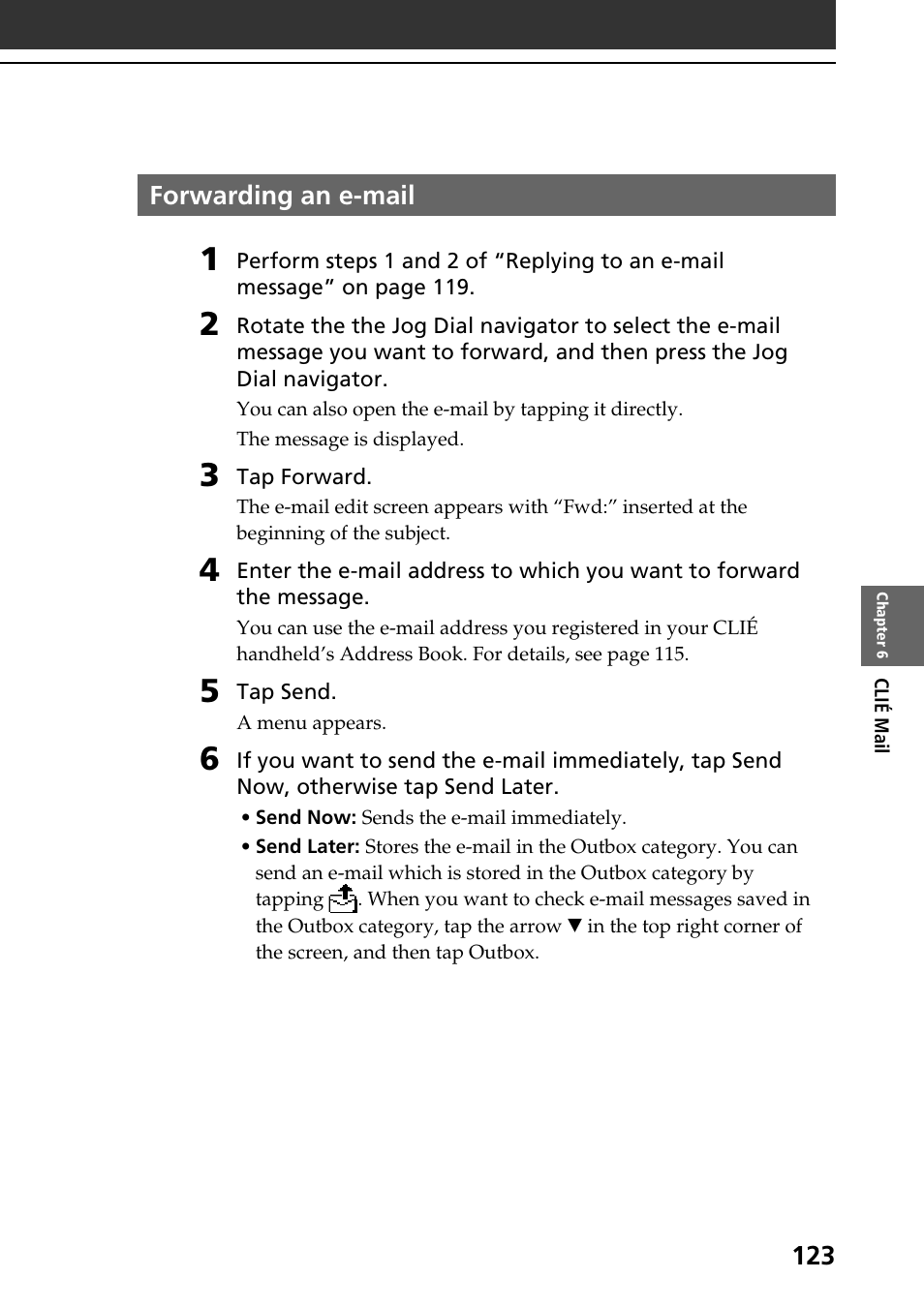 Forwarding an e-mail | Sony PEG-T665C User Manual | Page 123 / 208