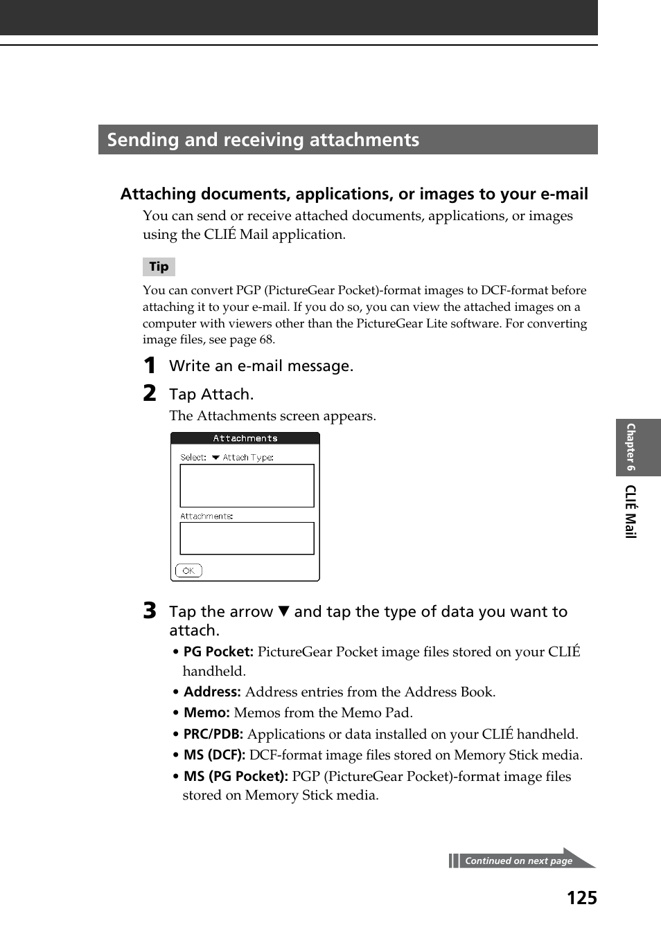 Sending and receiving attachments | Sony PEG-T665C User Manual | Page 125 / 208