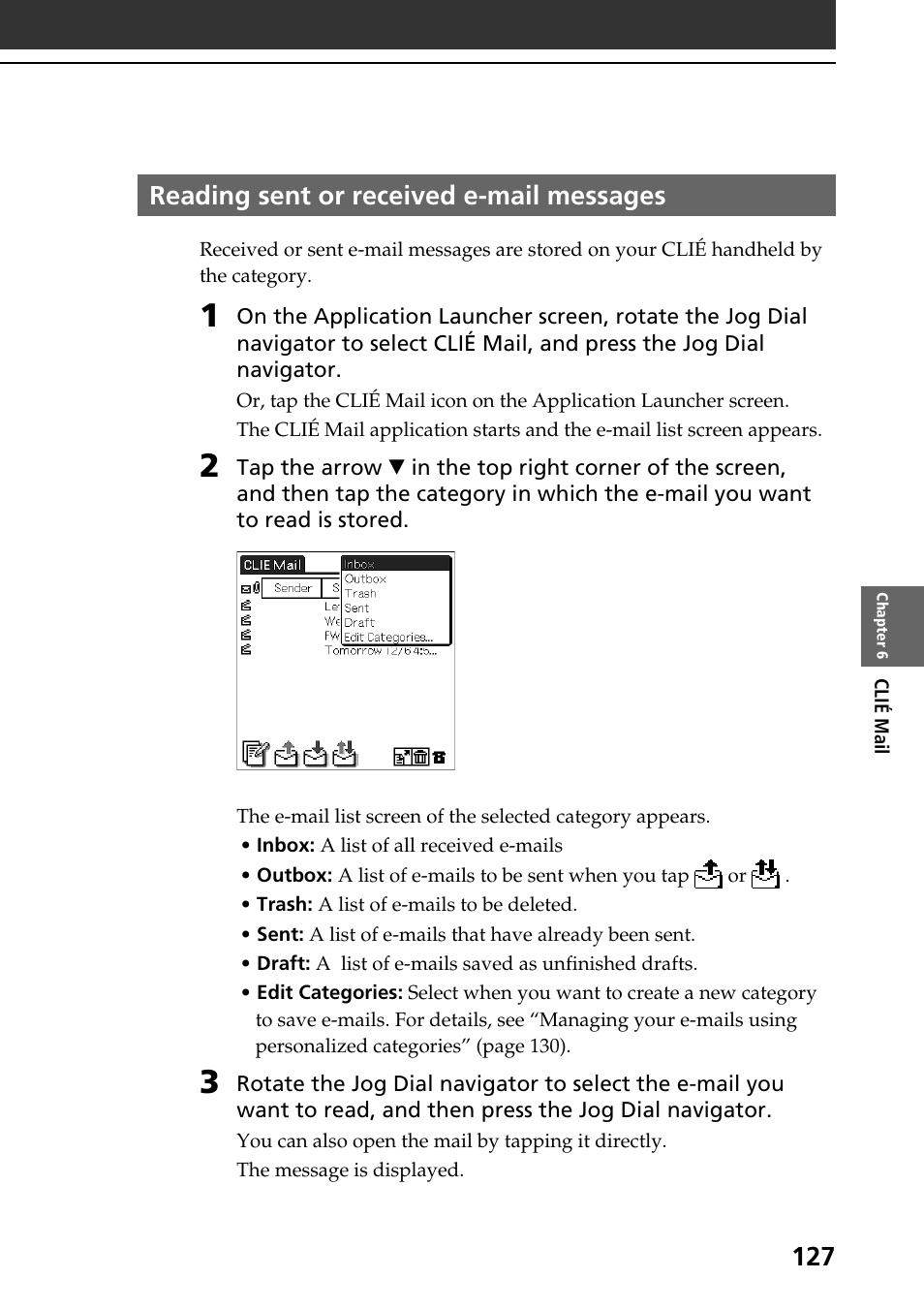Reading sent or received e-mail messages | Sony PEG-T665C User Manual | Page 127 / 208