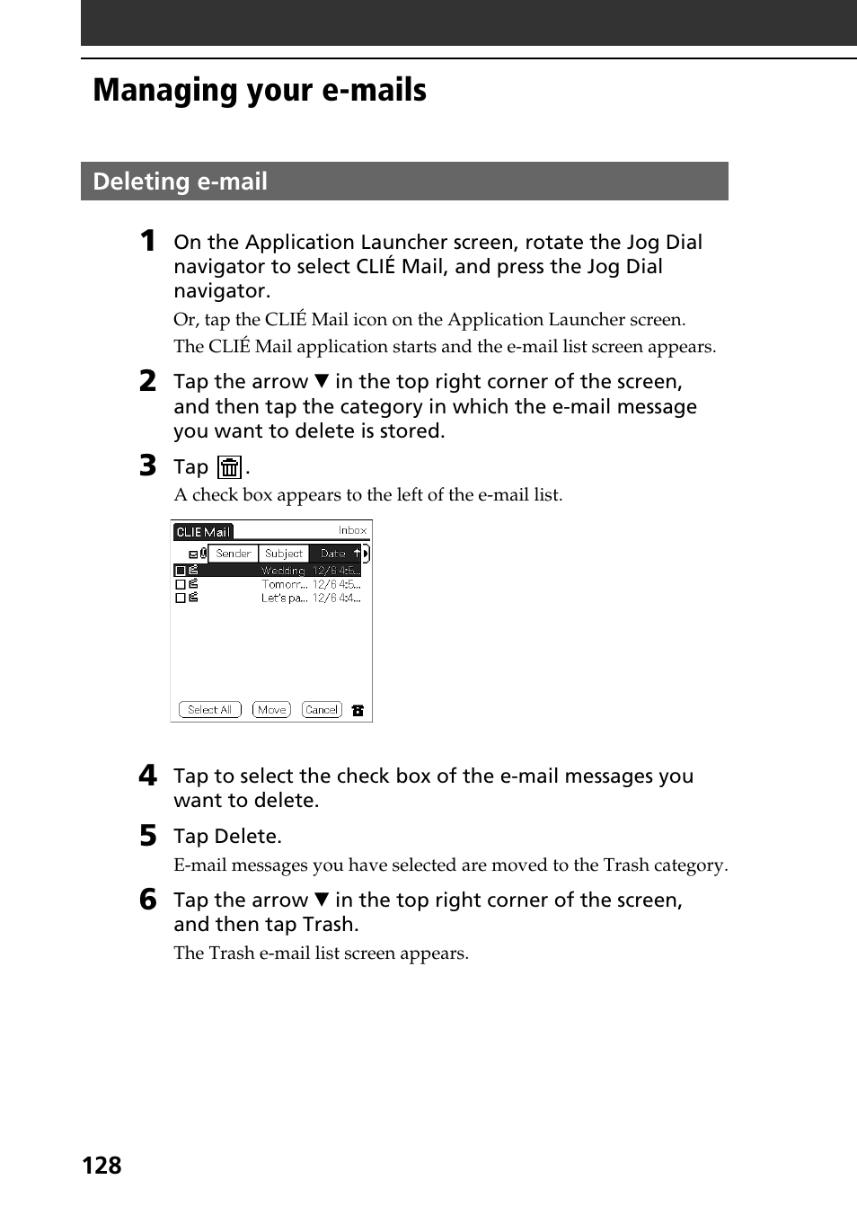 Managing your e-mails, Deleting e-mail | Sony PEG-T665C User Manual | Page 128 / 208