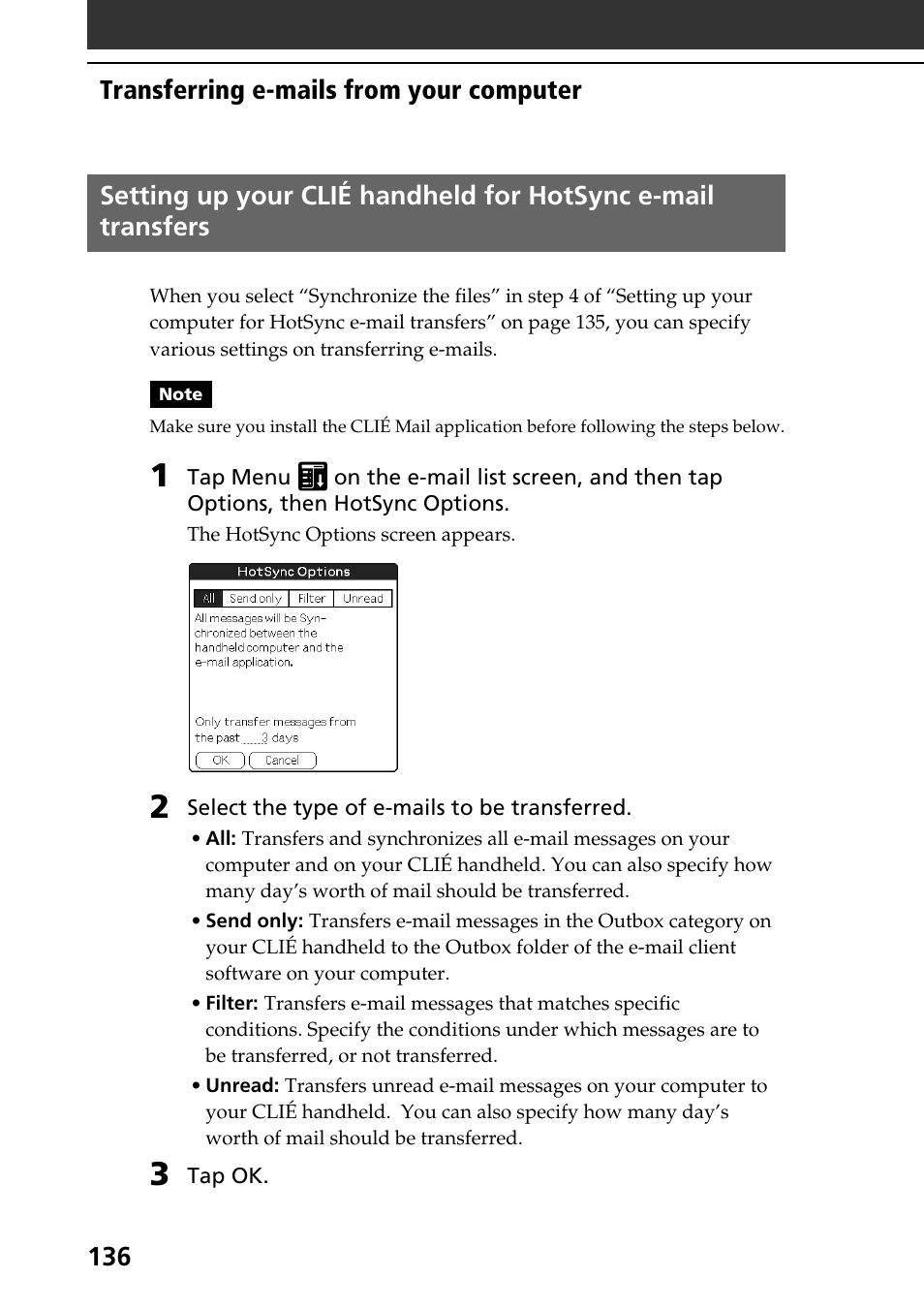 Transferring e-mails from your computer | Sony PEG-T665C User Manual | Page 136 / 208