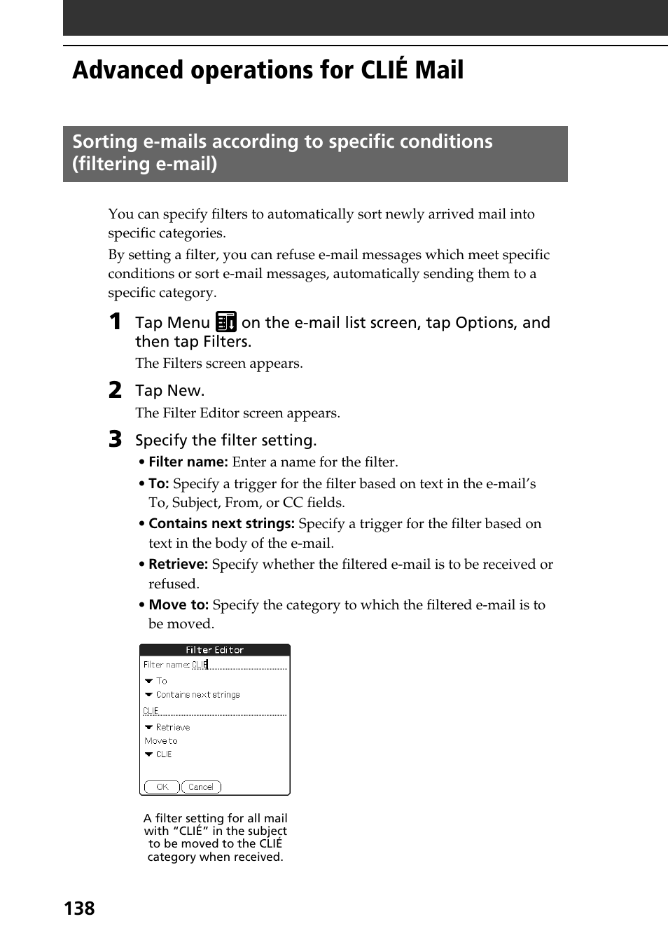 Advanced operations for clié mail | Sony PEG-T665C User Manual | Page 138 / 208