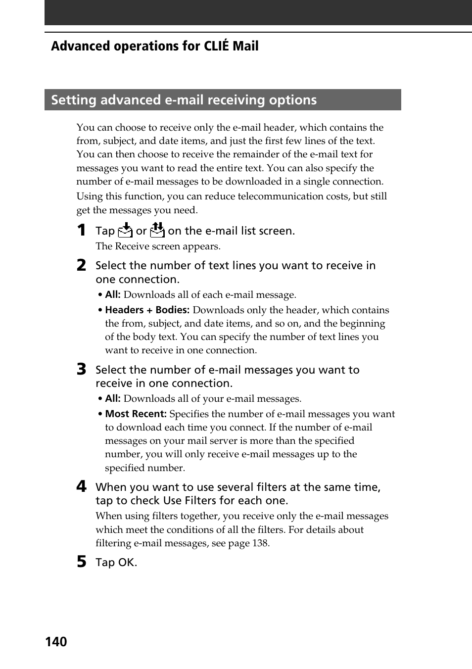 Setting advanced e-mail receiving options | Sony PEG-T665C User Manual | Page 140 / 208