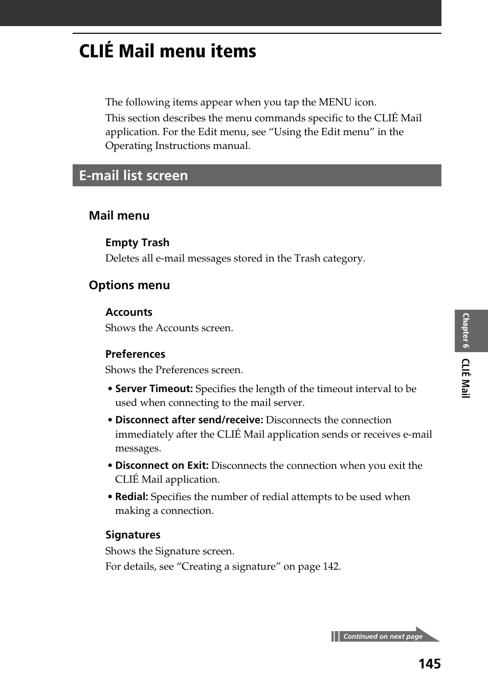 Clié mail menu items, E-mail list screen | Sony PEG-T665C User Manual | Page 145 / 208