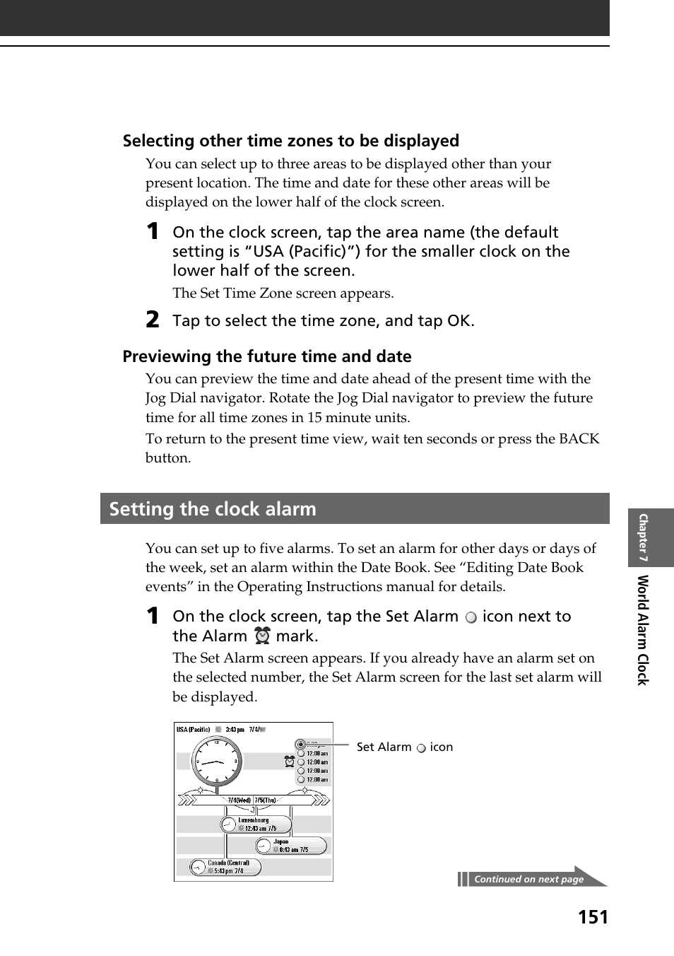 Setting the clock alarm | Sony PEG-T665C User Manual | Page 151 / 208