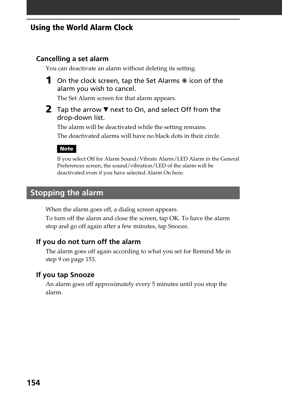 Stopping the alarm, Using the world alarm clock | Sony PEG-T665C User Manual | Page 154 / 208