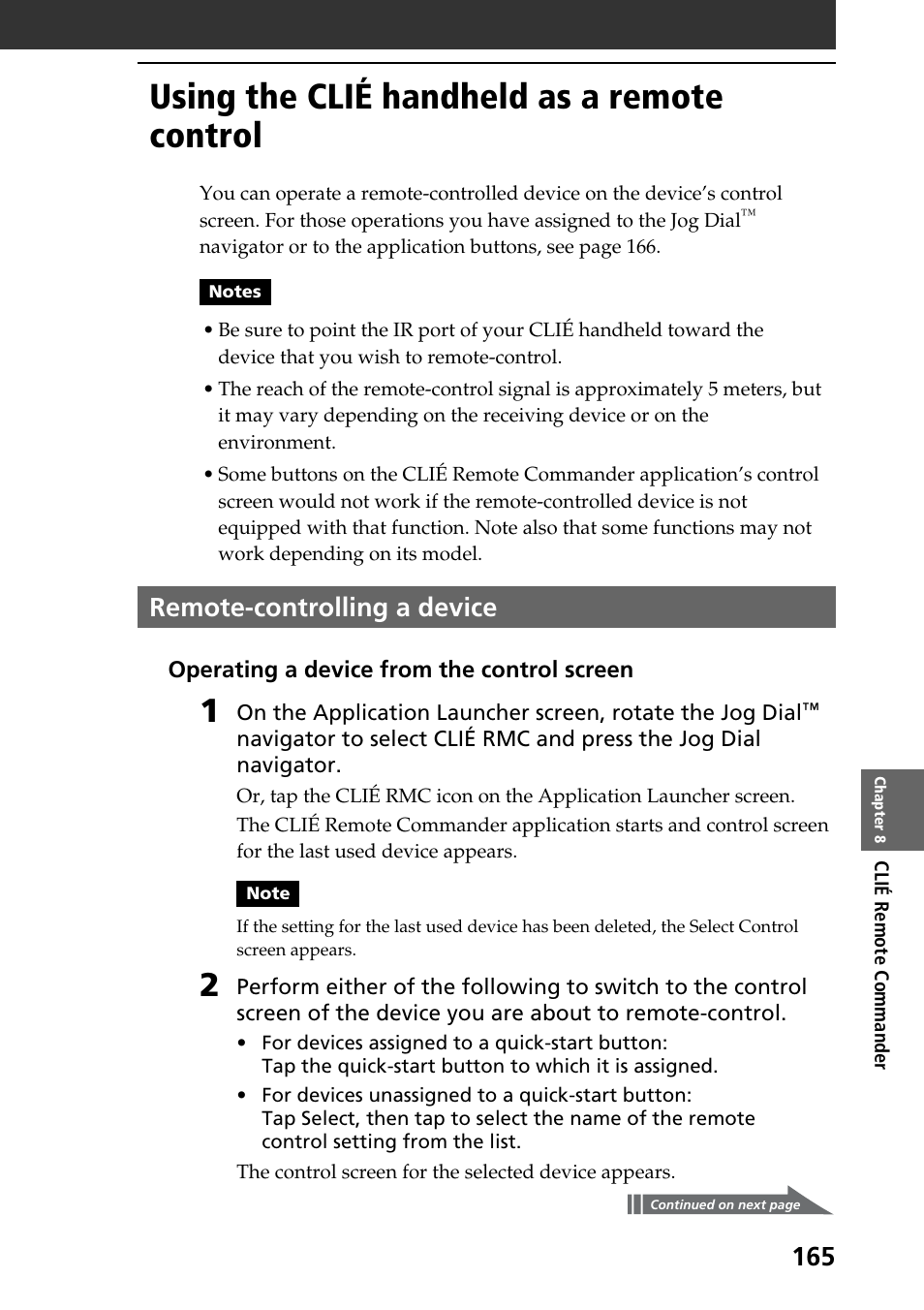 Using the clié handheld as a remote control, Remote-controlling a device | Sony PEG-T665C User Manual | Page 165 / 208