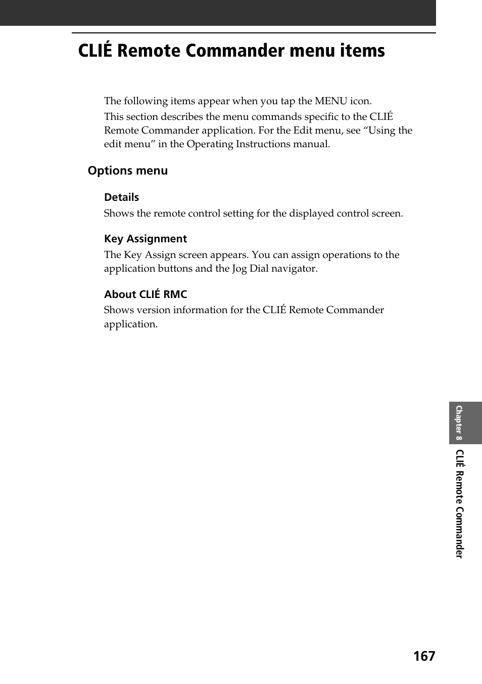 Clié remote commander menu items | Sony PEG-T665C User Manual | Page 167 / 208