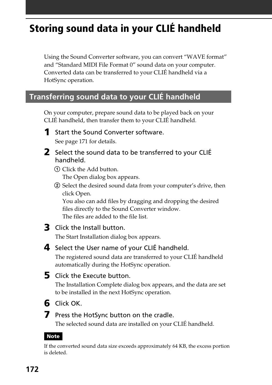 Storing sound data in your clié handheld, Transferring sound data to your clié handheld | Sony PEG-T665C User Manual | Page 172 / 208