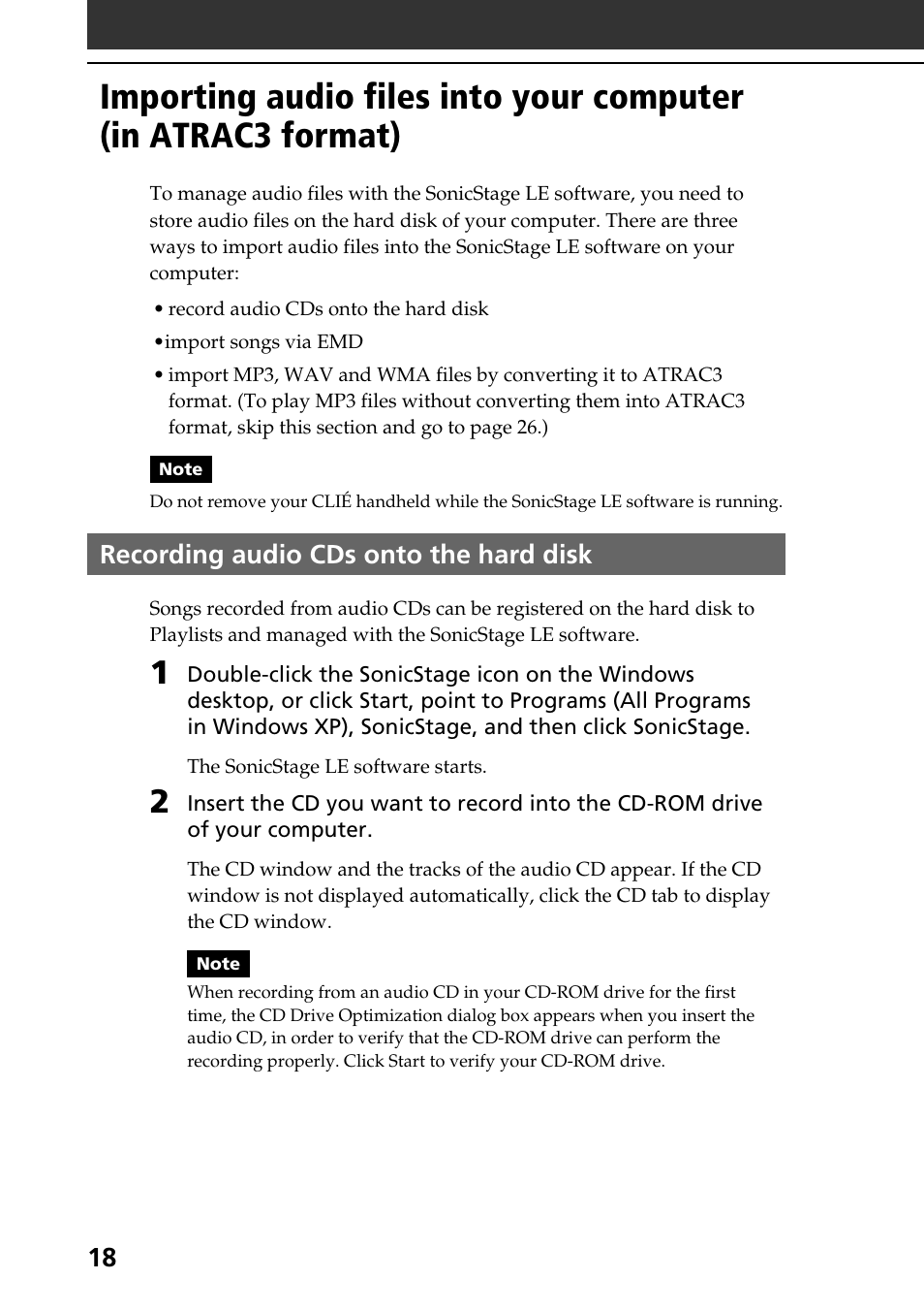 Recording audio cds onto the hard disk | Sony PEG-T665C User Manual | Page 18 / 208