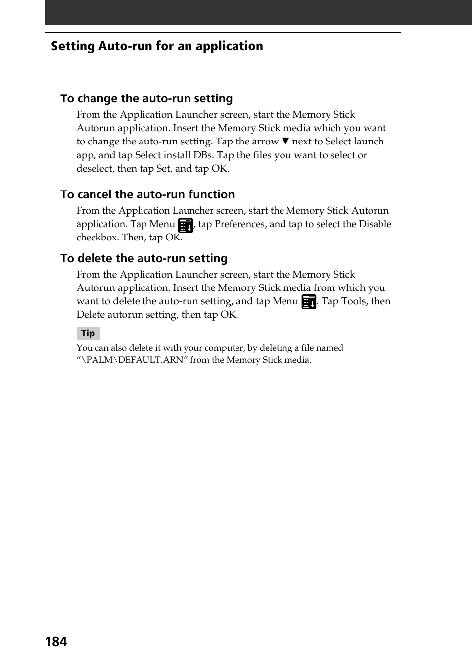 Setting auto-run for an application | Sony PEG-T665C User Manual | Page 184 / 208