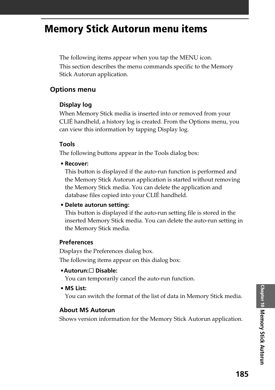 Memory stick autorun menu items | Sony PEG-T665C User Manual | Page 185 / 208