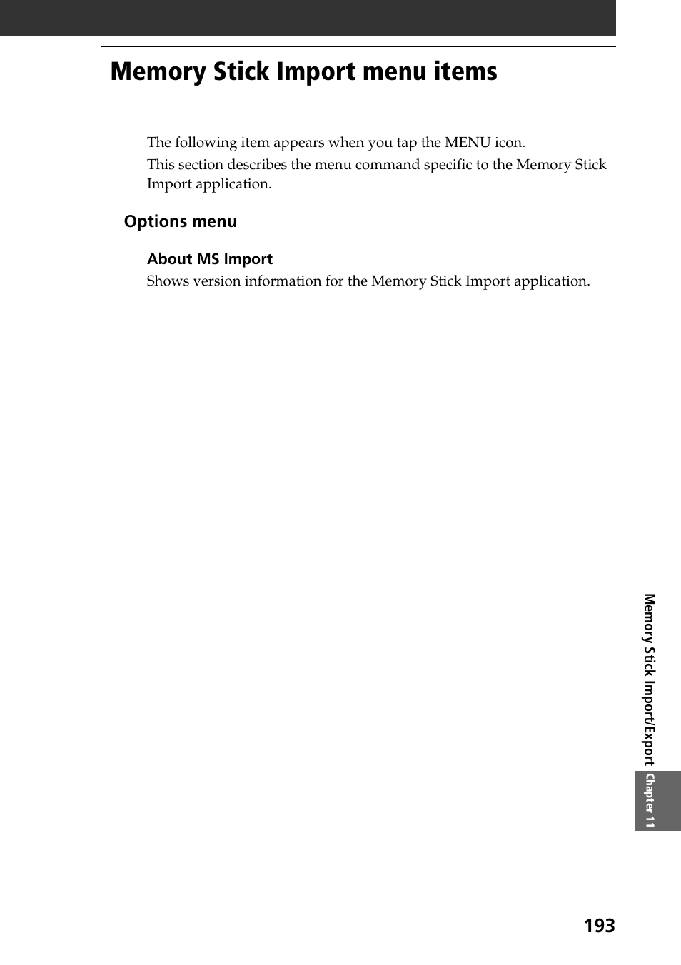 Memory stick import menu items, Memory stick import menu items . 193 | Sony PEG-T665C User Manual | Page 193 / 208