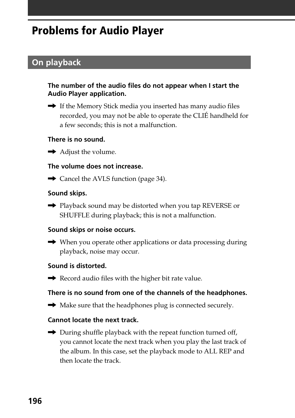 Problems for audio player, On playback | Sony PEG-T665C User Manual | Page 196 / 208