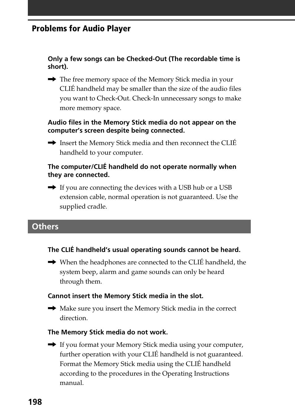 Others, Problems for audio player | Sony PEG-T665C User Manual | Page 198 / 208