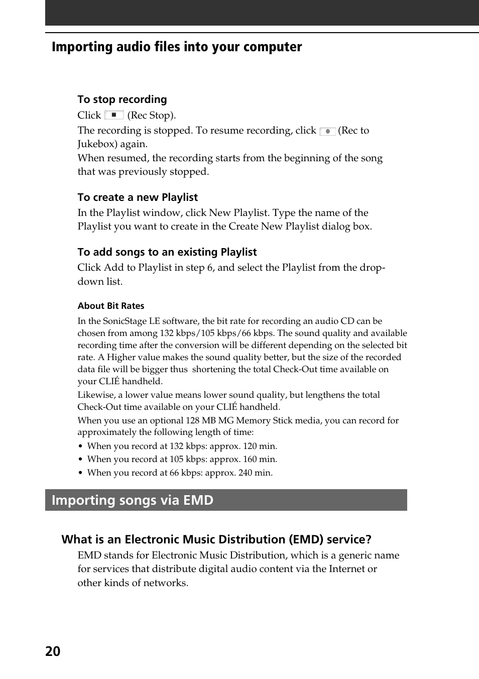 Importing songs via emd, 20 importing audio files into your computer | Sony PEG-T665C User Manual | Page 20 / 208