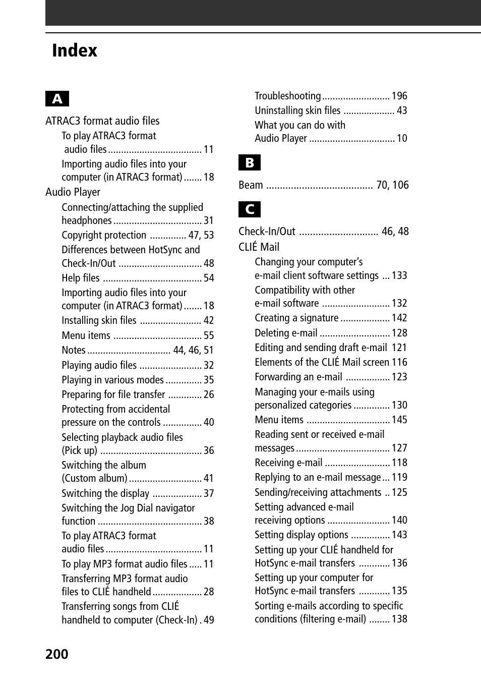 Index | Sony PEG-T665C User Manual | Page 200 / 208