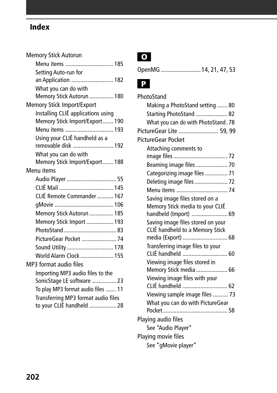 Index o | Sony PEG-T665C User Manual | Page 202 / 208