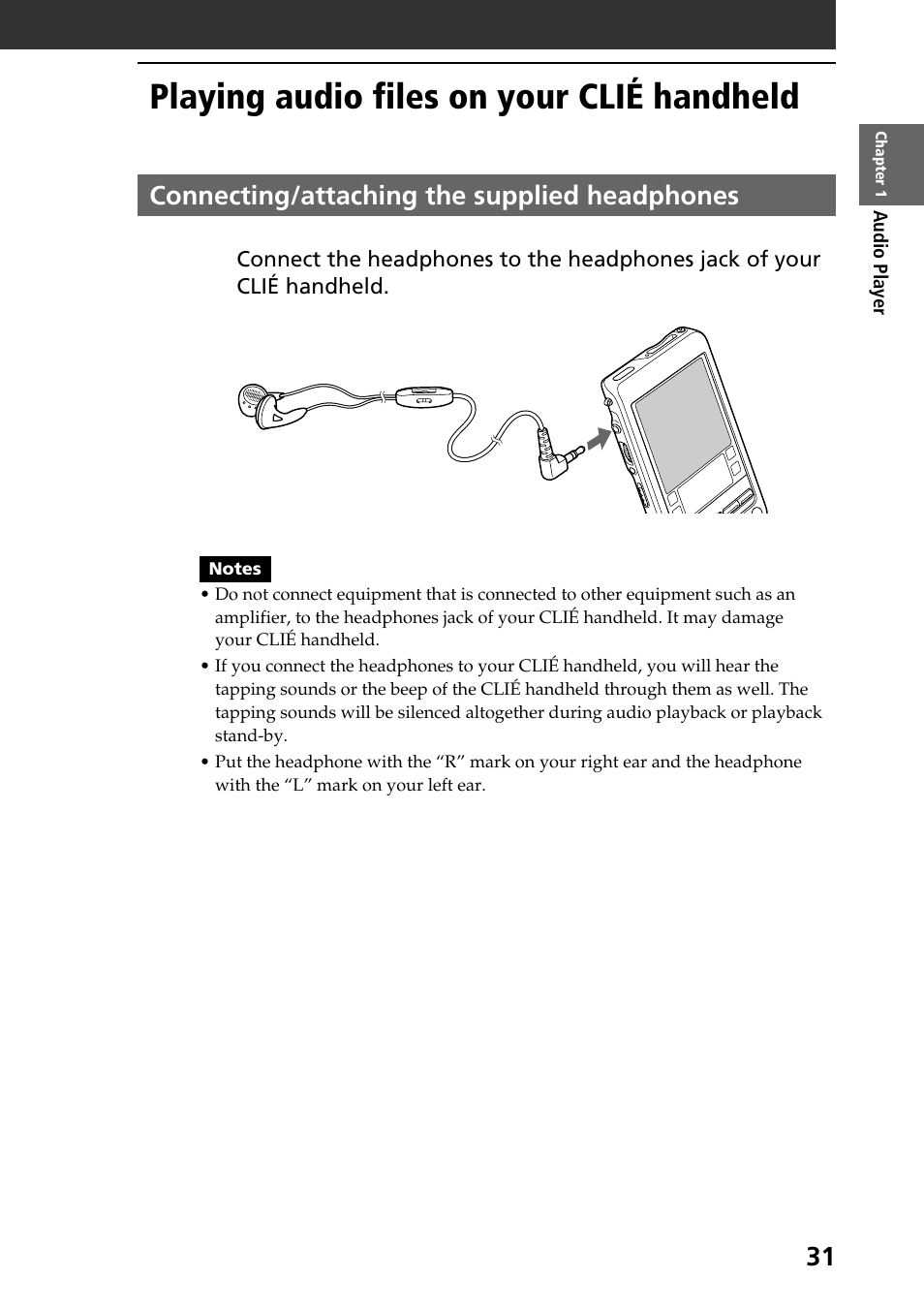 Playing audio files on your clié handheld, Connecting/attaching the supplied headphones | Sony PEG-T665C User Manual | Page 31 / 208