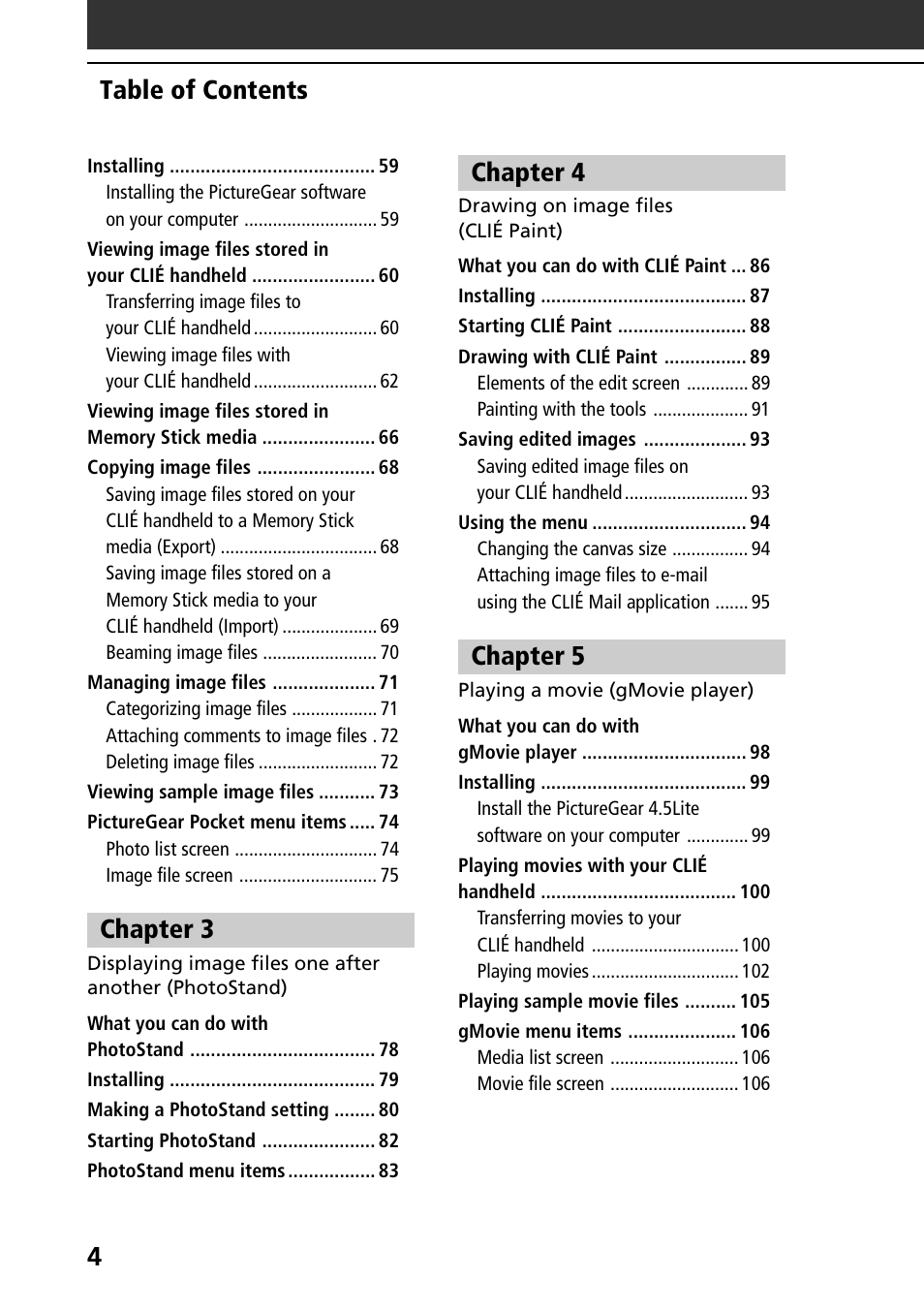 4table of contents, Chapter 3, Chapter 4 | Chapter 5 | Sony PEG-T665C User Manual | Page 4 / 208