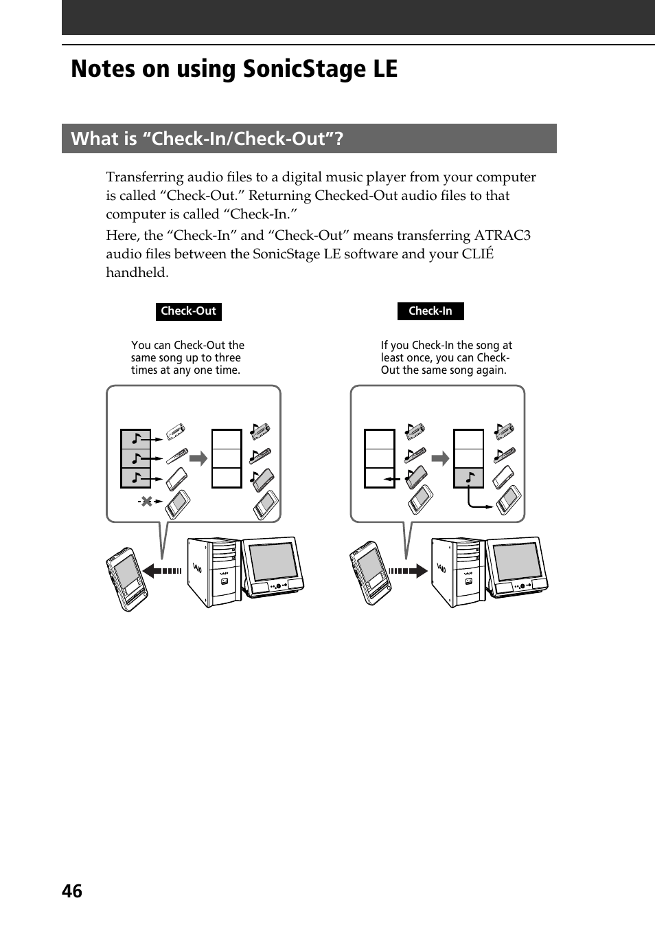 Notes on using sonicstage le, What is “check-in/check-out, 46 what is “check-in/check-out | Sony PEG-T665C User Manual | Page 46 / 208