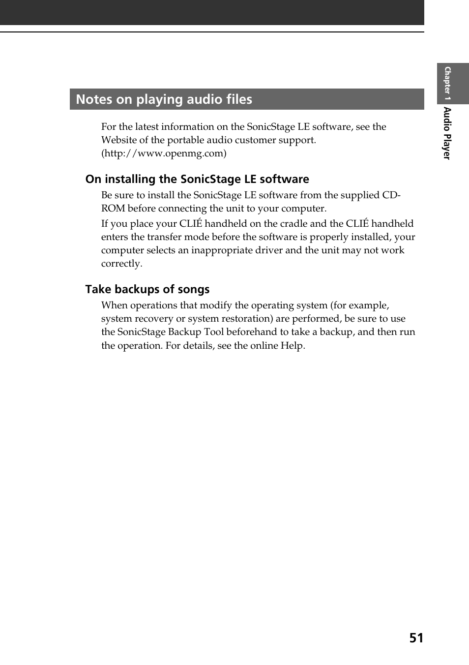 Notes on playing audio files | Sony PEG-T665C User Manual | Page 51 / 208