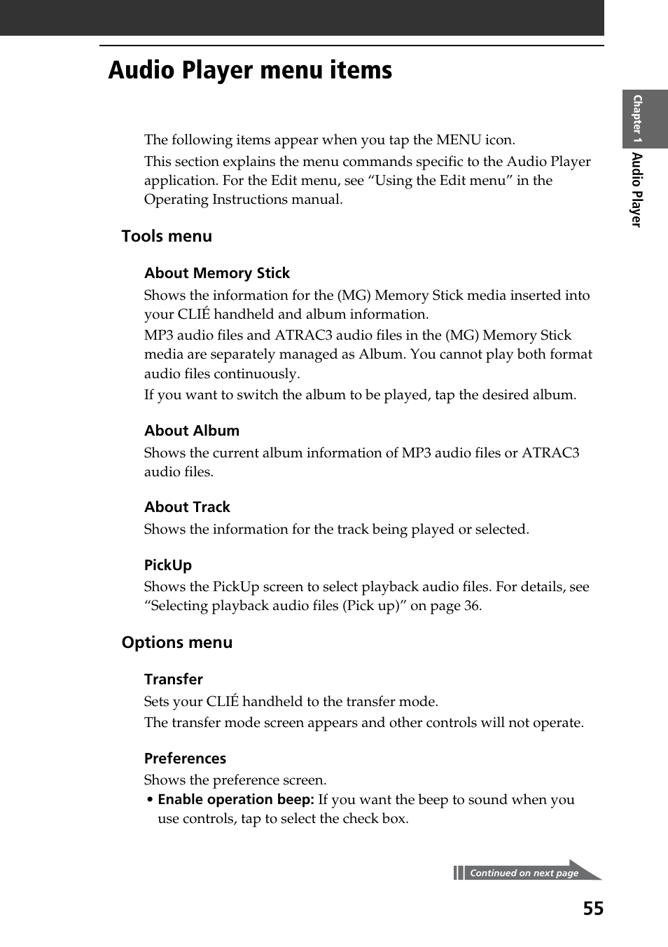 Audio player menu items | Sony PEG-T665C User Manual | Page 55 / 208