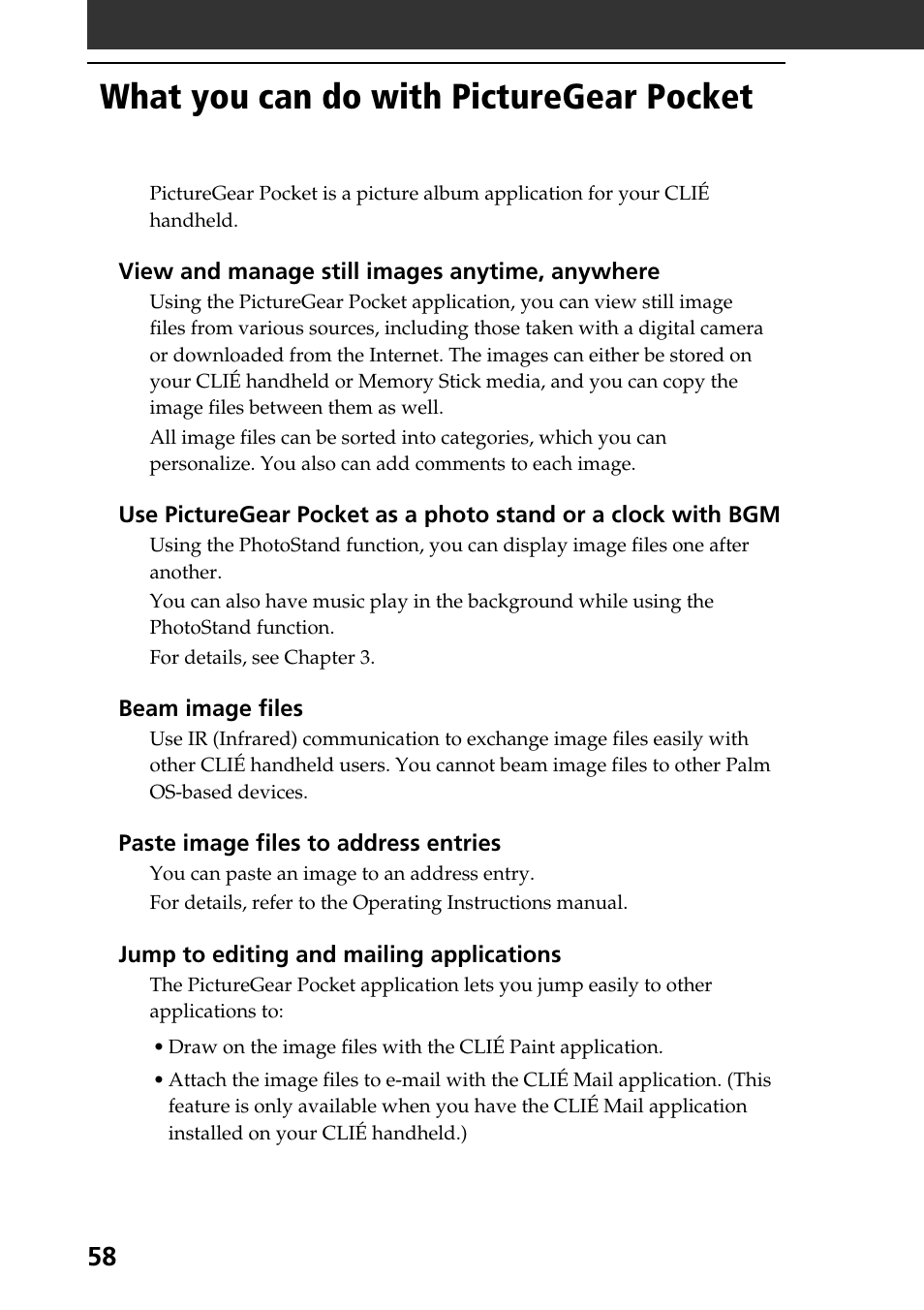 What you can do with picturegear pocket | Sony PEG-T665C User Manual | Page 58 / 208
