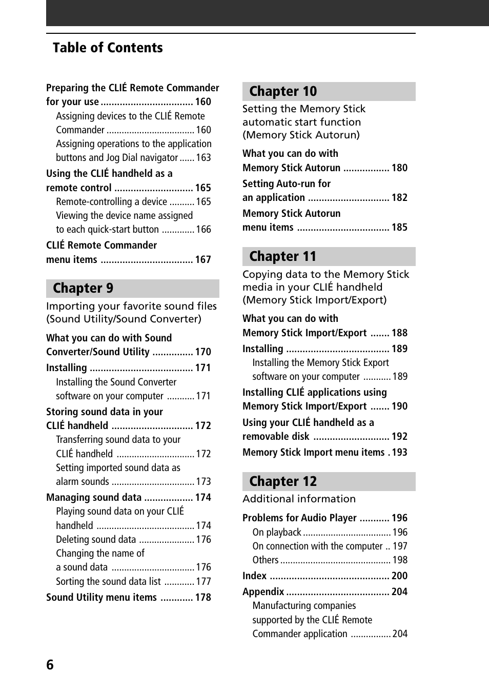 6table of contents, Chapter 9, Chapter 10 | Chapter 11, Chapter 12 | Sony PEG-T665C User Manual | Page 6 / 208