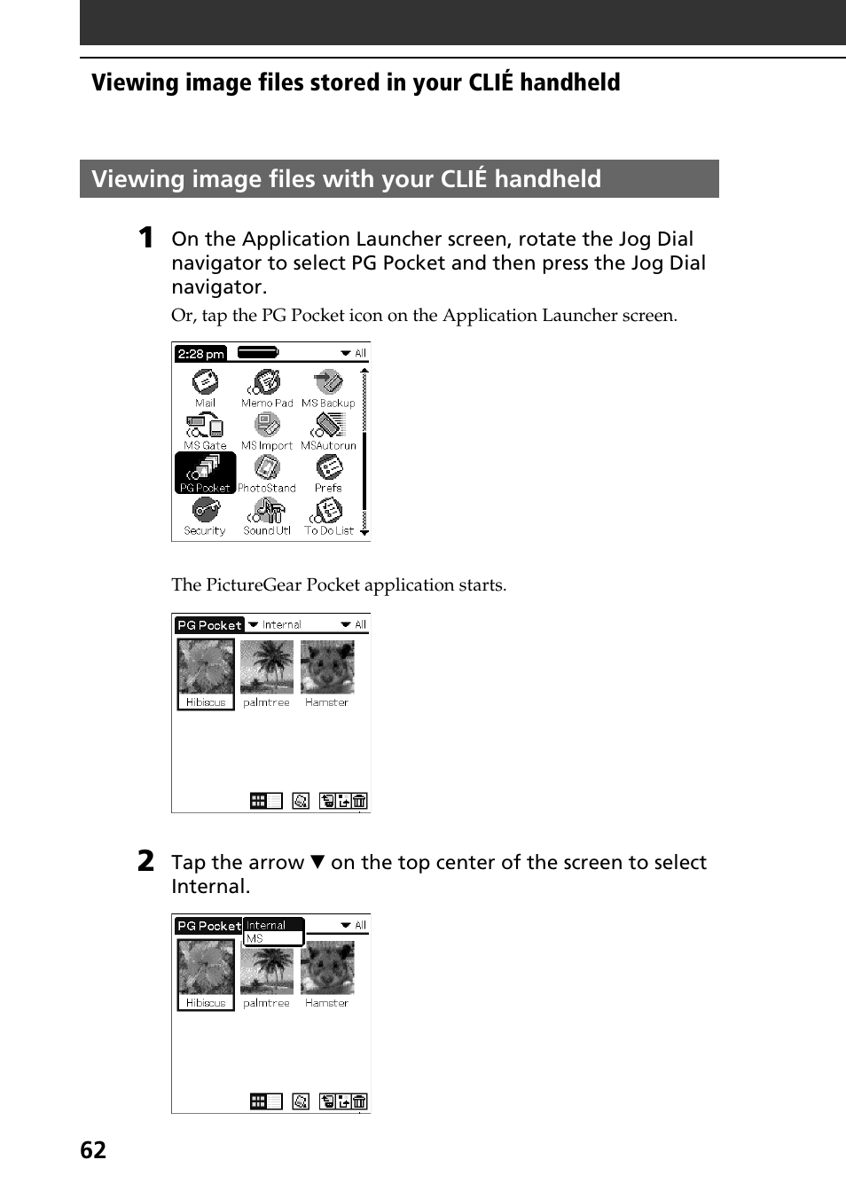 Viewing image files with your clié handheld | Sony PEG-T665C User Manual | Page 62 / 208