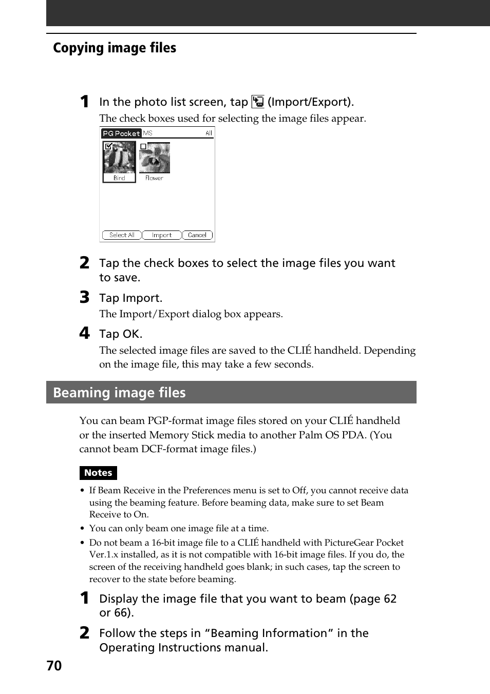 Beaming image files | Sony PEG-T665C User Manual | Page 70 / 208