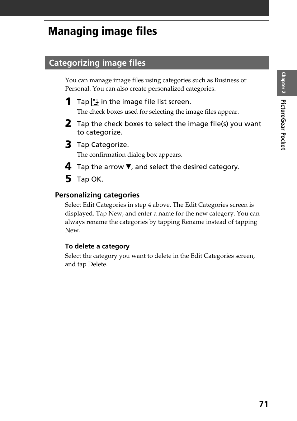 Managing image files, Categorizing image files | Sony PEG-T665C User Manual | Page 71 / 208