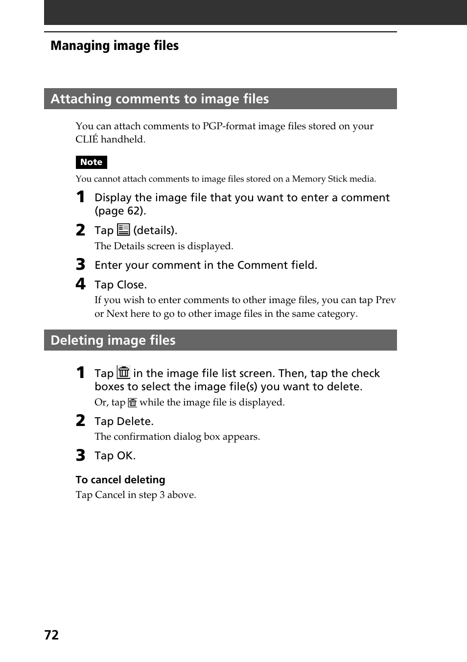 Attaching comments to image files, Deleting image files | Sony PEG-T665C User Manual | Page 72 / 208