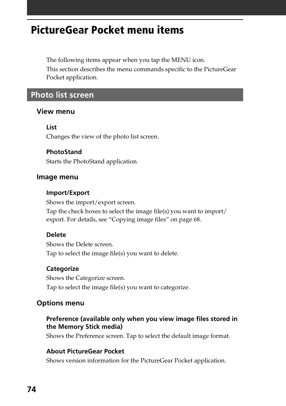 Picturegear pocket menu items, Photo list screen | Sony PEG-T665C User Manual | Page 74 / 208