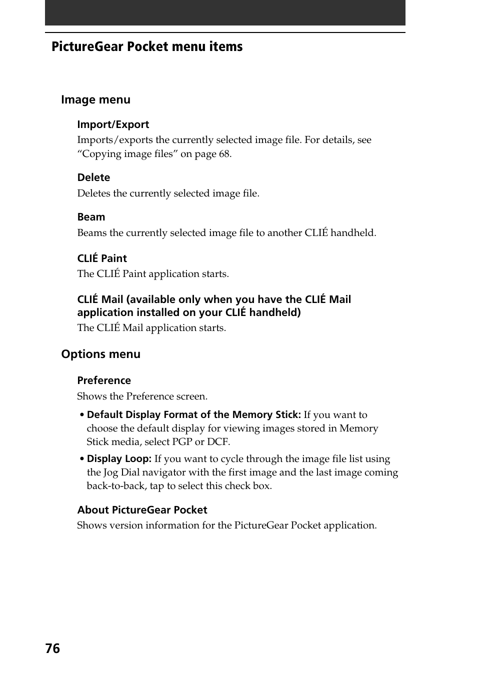 Picturegear pocket menu items | Sony PEG-T665C User Manual | Page 76 / 208