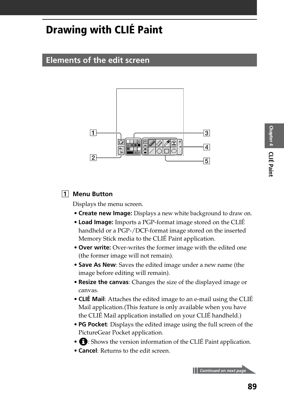 Drawing with clié paint, Elements of the edit screen | Sony PEG-T665C User Manual | Page 89 / 208