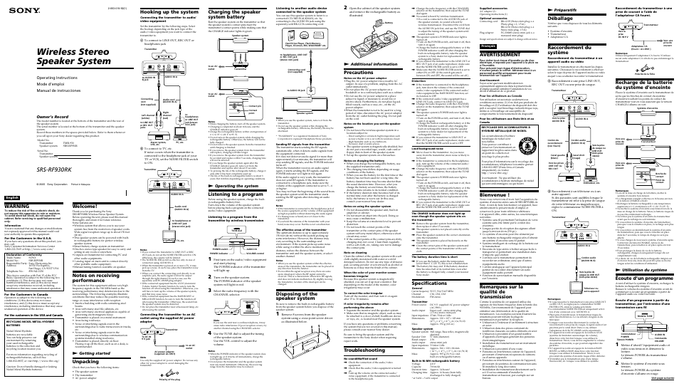 Sony SRS-RF930RK User Manual | 2 pages