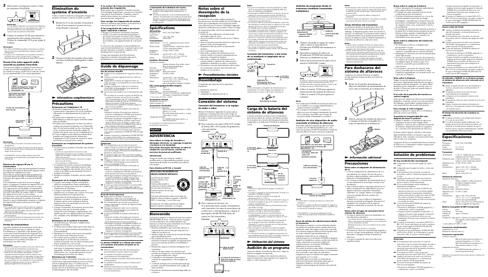 Carga de la batería del sistema de altavoces, Audición de un programa, Élimination du système d’enceinte | Précautions, Guide de dépannage, Advertencia, Para deshacerse del sistema de altavoces, Precauciones, Solución de problemas, Bienvenido | Sony SRS-RF930RK User Manual | Page 2 / 2