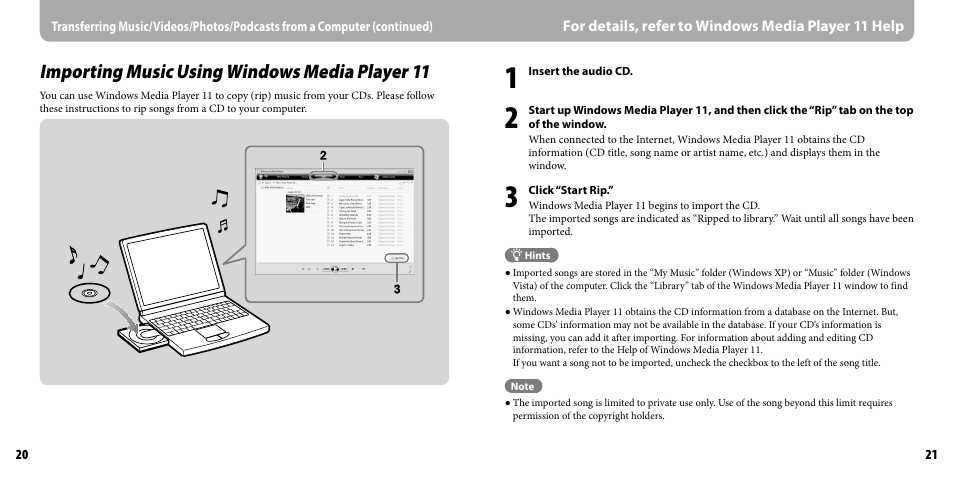 Importing music using windows media player 11 | Sony NWZ-X1050 User Manual | Page 11 / 16