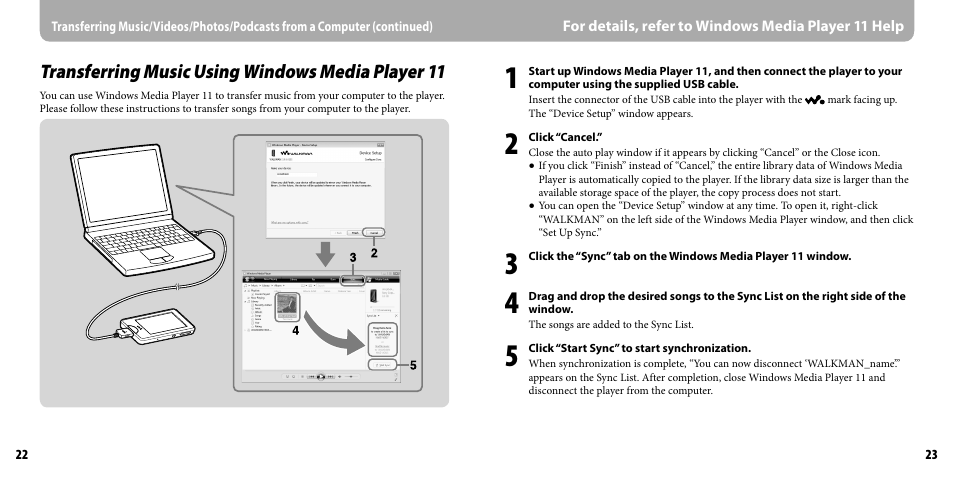 Transferring music using windows media player 11 | Sony NWZ-X1050 User Manual | Page 12 / 16