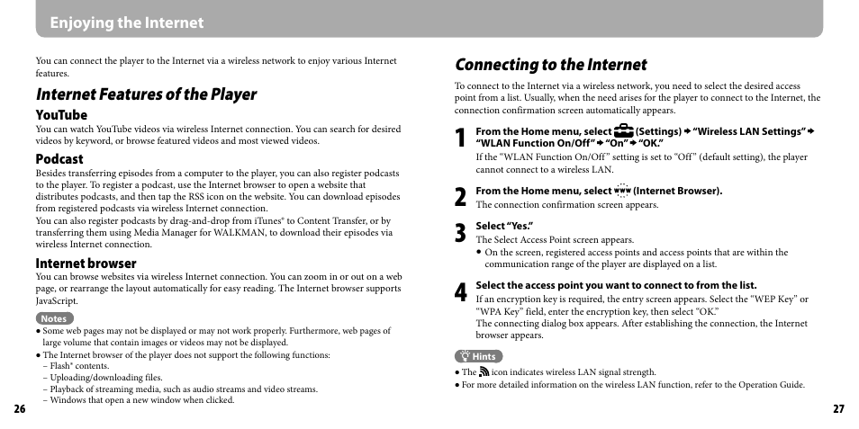 Enjoying the internet, Internet features of the player, Connecting to the internet | Sony NWZ-X1050 User Manual | Page 14 / 16