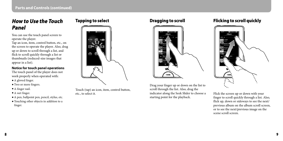 How to use the touch panel, Tapping to select, Dragging to scroll | Flicking to scroll quickly | Sony NWZ-X1050 User Manual | Page 5 / 16