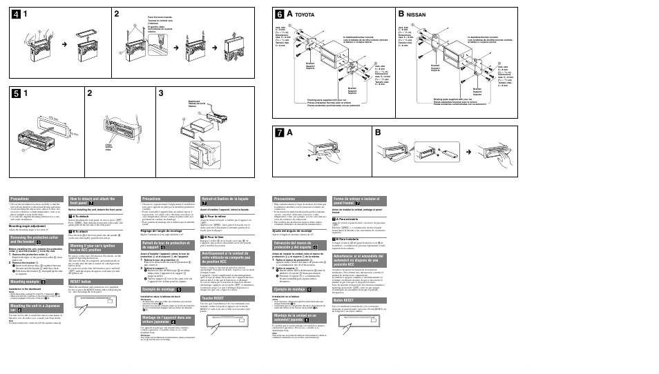 Toyota, Nissan, Précautions | Retrait du tour de protection et du support, Exemple de montage, Montage de l’appareil dans une voiture japonaise, How to detach and attach the front panel, Warning if your car’s ignition has no acc position, Reset button, Retrait et fixation de la façade | Sony CDXGT630UI User Manual | Page 2 / 2