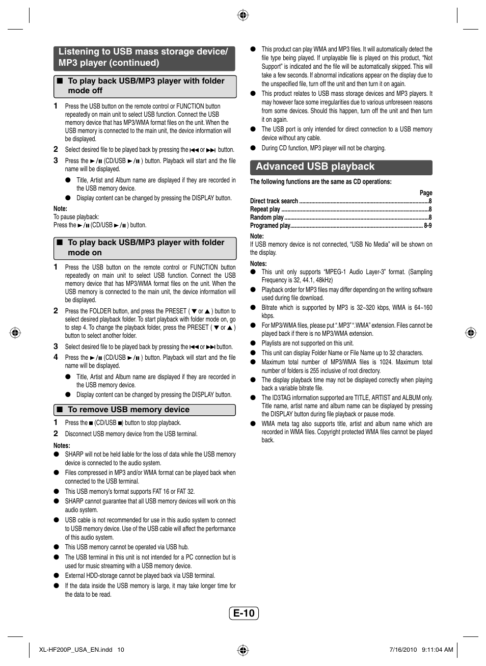 To play back usb/mp3 player with foldermode off, To play back usb/mp3 player with foldermode on, To remove usb memory device | Advanced usb playback, E-10 advanced usb playback | Sony XL-HF200P(BK) User Manual | Page 11 / 16