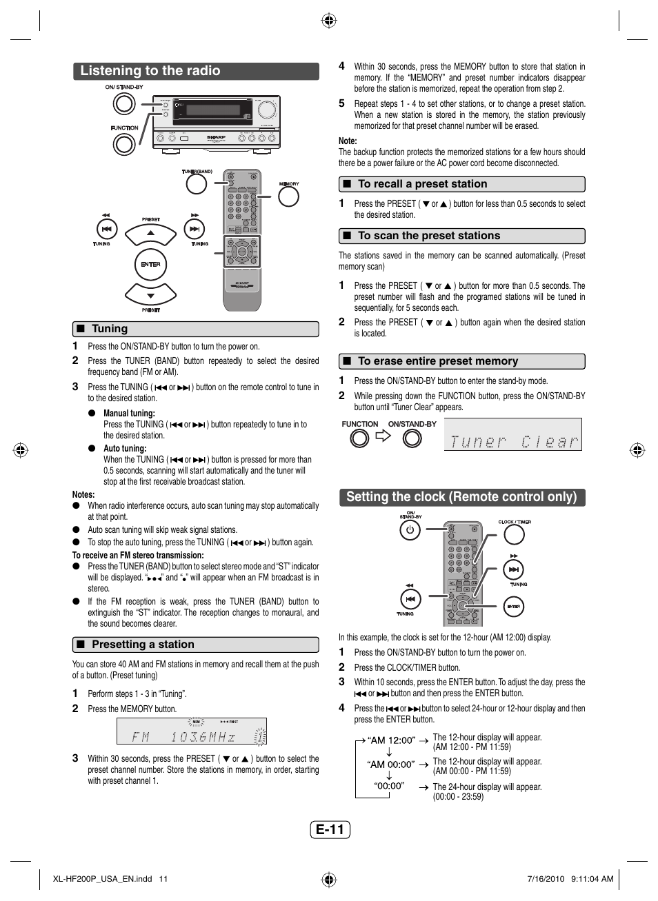 Listening to the radio, Tuning, Presetting a station | To recall a preset station, To scan the preset stations, To erase entire preset memory, Setting the clock (remote control only), E-11 | Sony XL-HF200P(BK) User Manual | Page 12 / 16