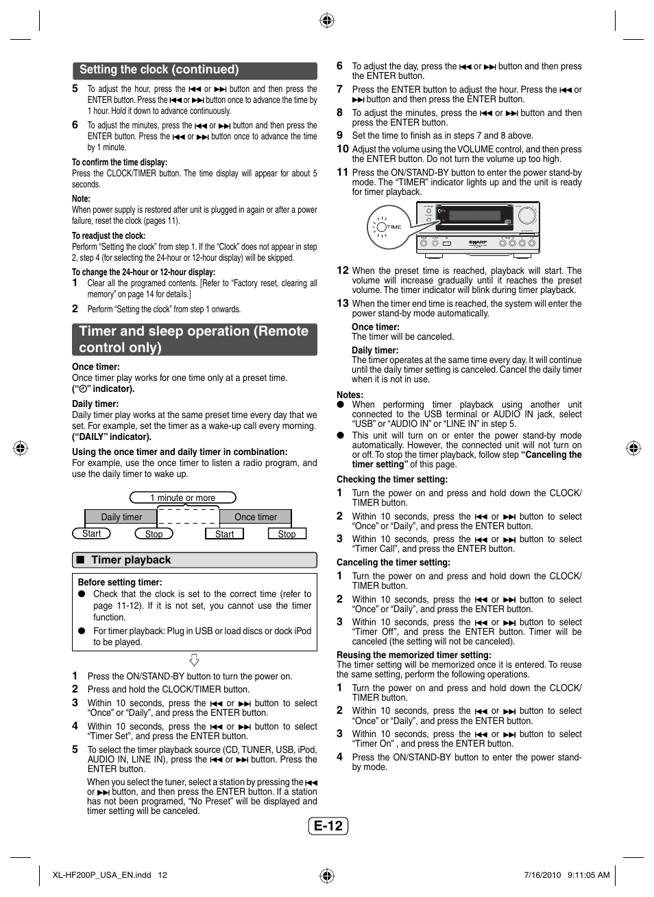 Timer and sleep operation (remotecontrol only), E-12, Timer and sleep operation (remote control only) | Setting the clock (continued) | Sony XL-HF200P(BK) User Manual | Page 13 / 16