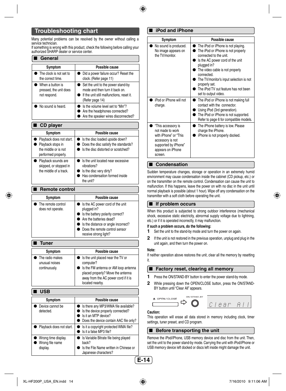 Troubleshooting chart, General, Cd player | Remote control, Tuner, Ipod and iphone, Condensation, If problem occurs, Factory reset, clearing all memory, E-14 | Sony XL-HF200P(BK) User Manual | Page 15 / 16