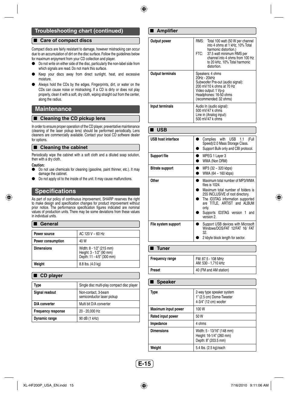 Care of compact discs, Maintenance, Cleaning the cd pickup lens | Cleaning the cabinet, Specifications, General, Cd player, Amplifier, Tuner, Speaker | Sony XL-HF200P(BK) User Manual | Page 16 / 16